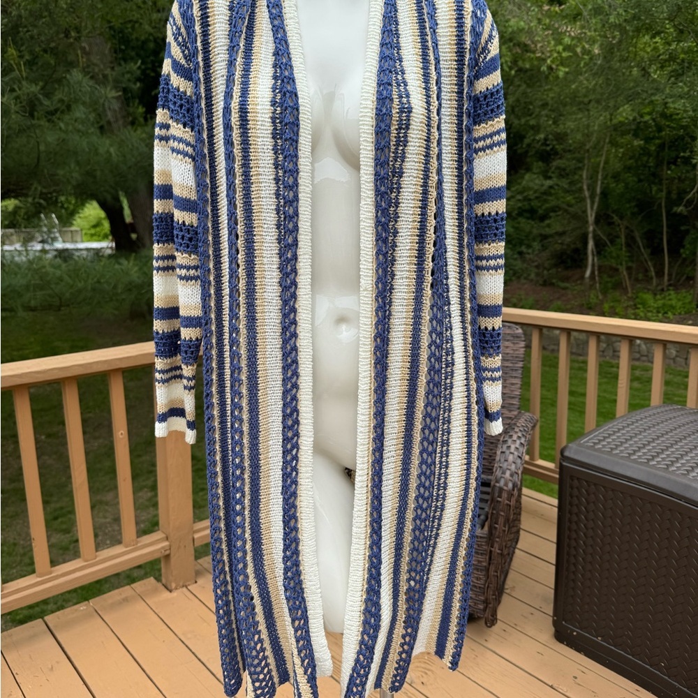 North Style Cardigan Striped Blue and Cream Women's Long Sleeve Style size large - Picture 2 of 8